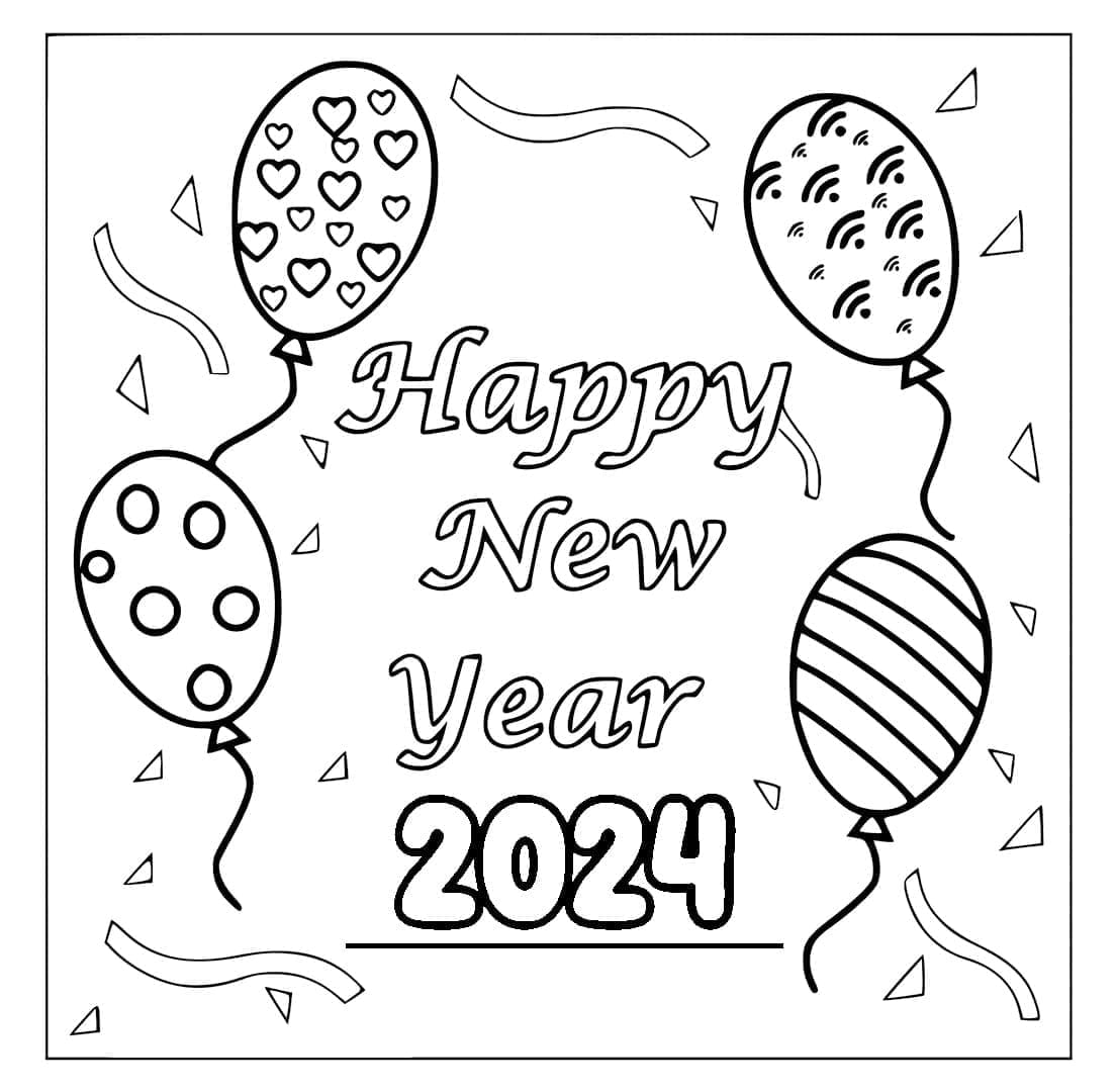 Balonlarla Mutlu Yıllar 2024 Boyama Sayfası