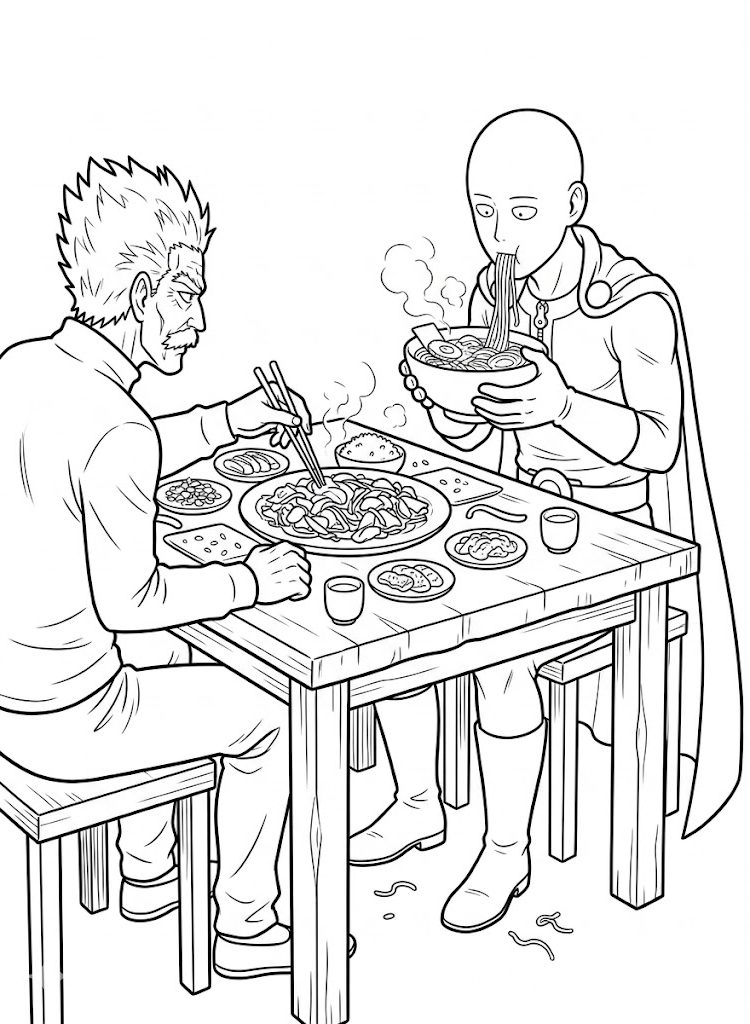 Saitama ve Bang Yeme Boyama Sayfası