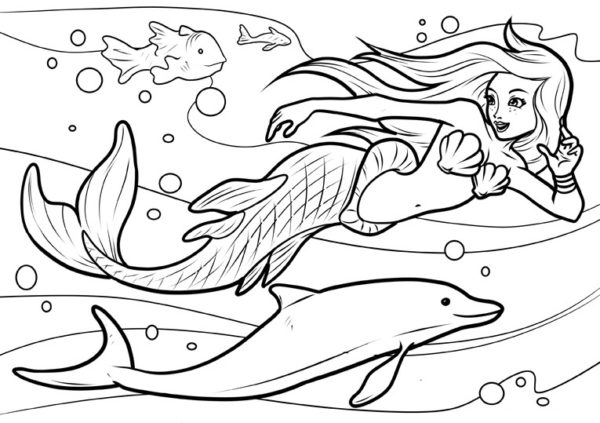 Balık eşliğinde güzel küçük deniz kızı. Boyama Sayfası