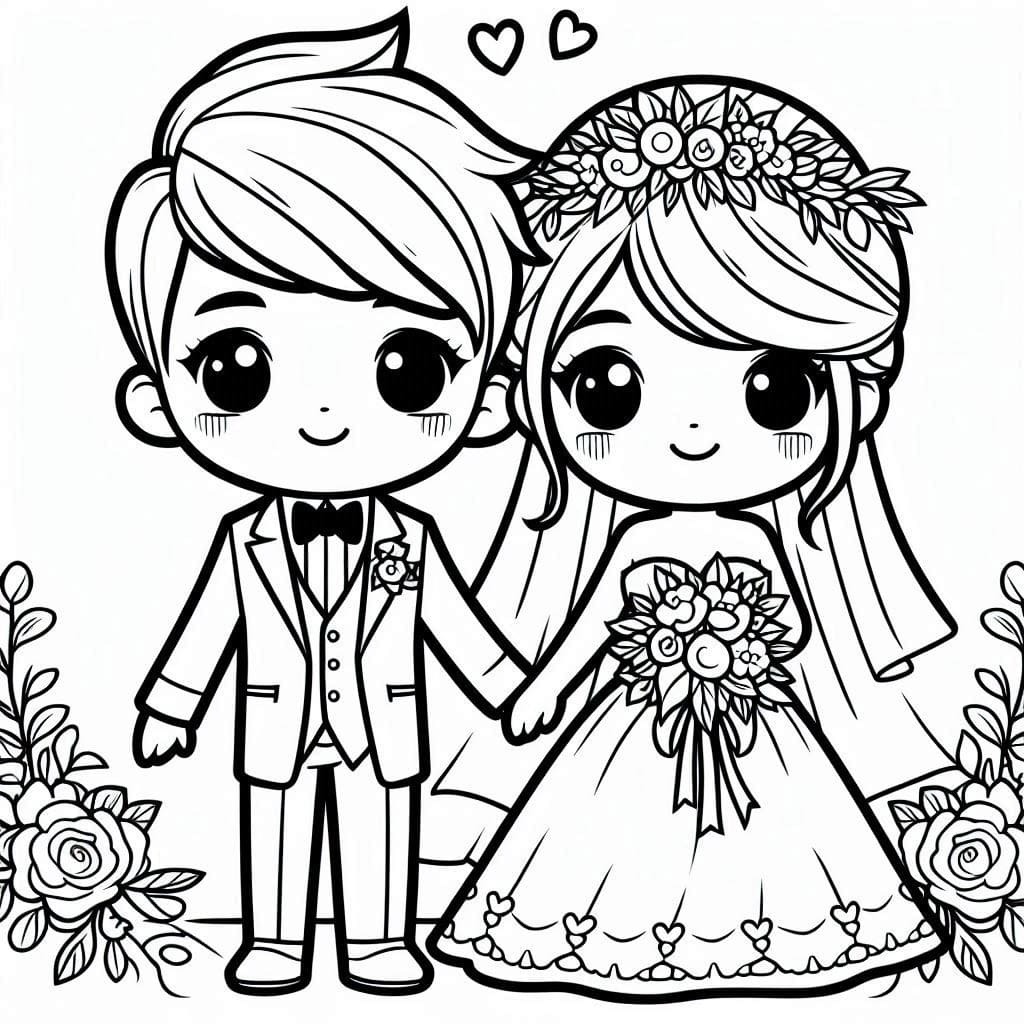 Çizmek Gelin ve Damat Çocuklar için ücretsiz Boyama Sayfası