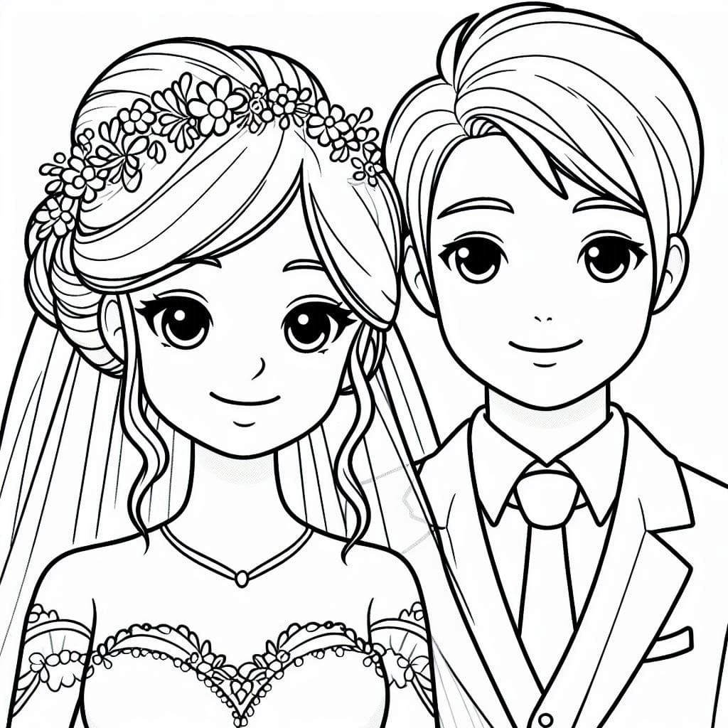 Çizmek Gelin ve Damat basit Boyama Sayfası