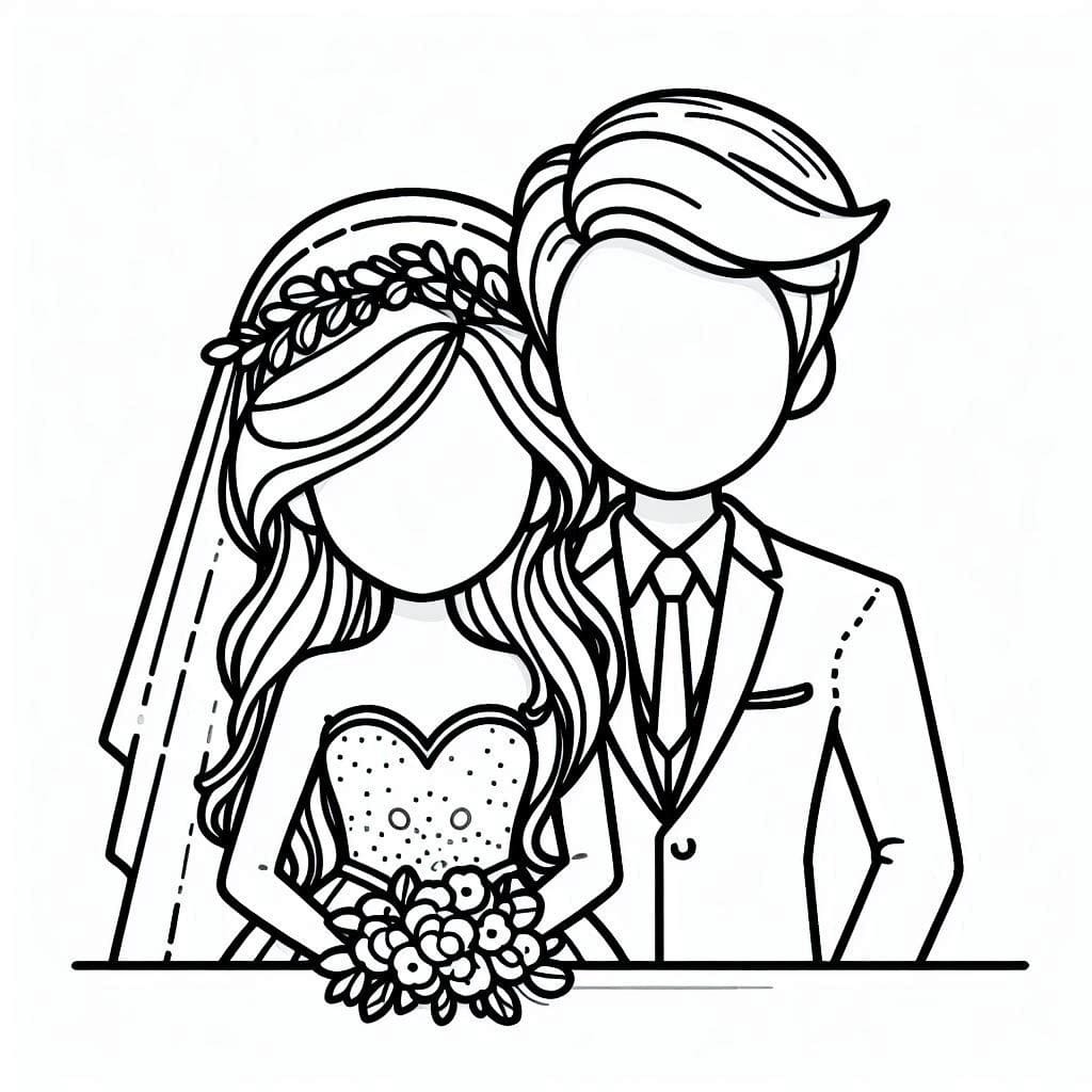 Çizmek Gelin ve Damat çok kolay Boyama Sayfası