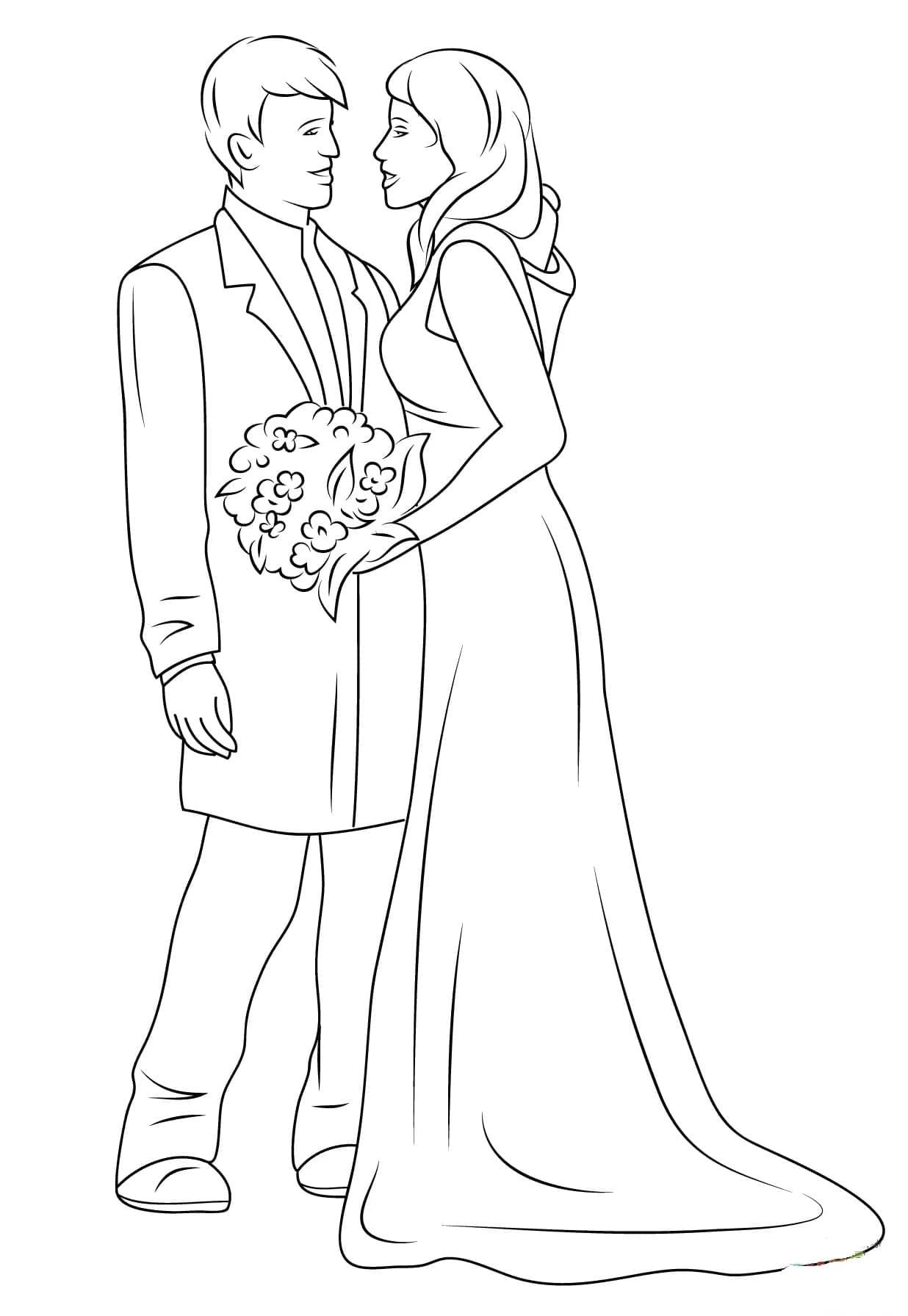 Çizmek Gelin ve Damat çok temel Boyama Sayfası