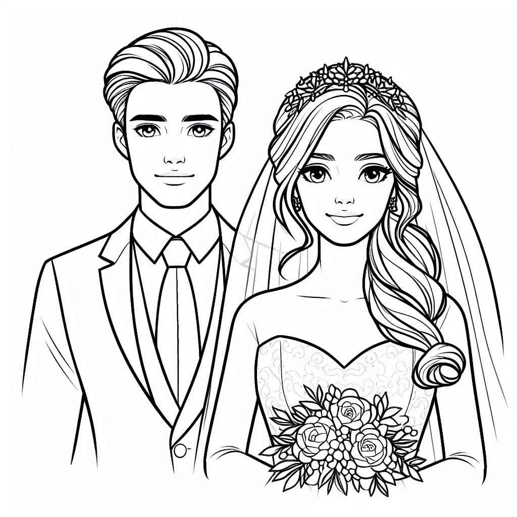 Çizmek Gelin ve Damat kolay Boyama Sayfası