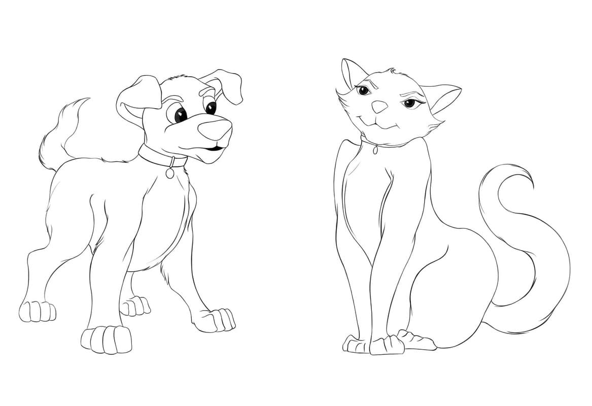 Çizmek Köpek ve Kedi temel Boyama Sayfası