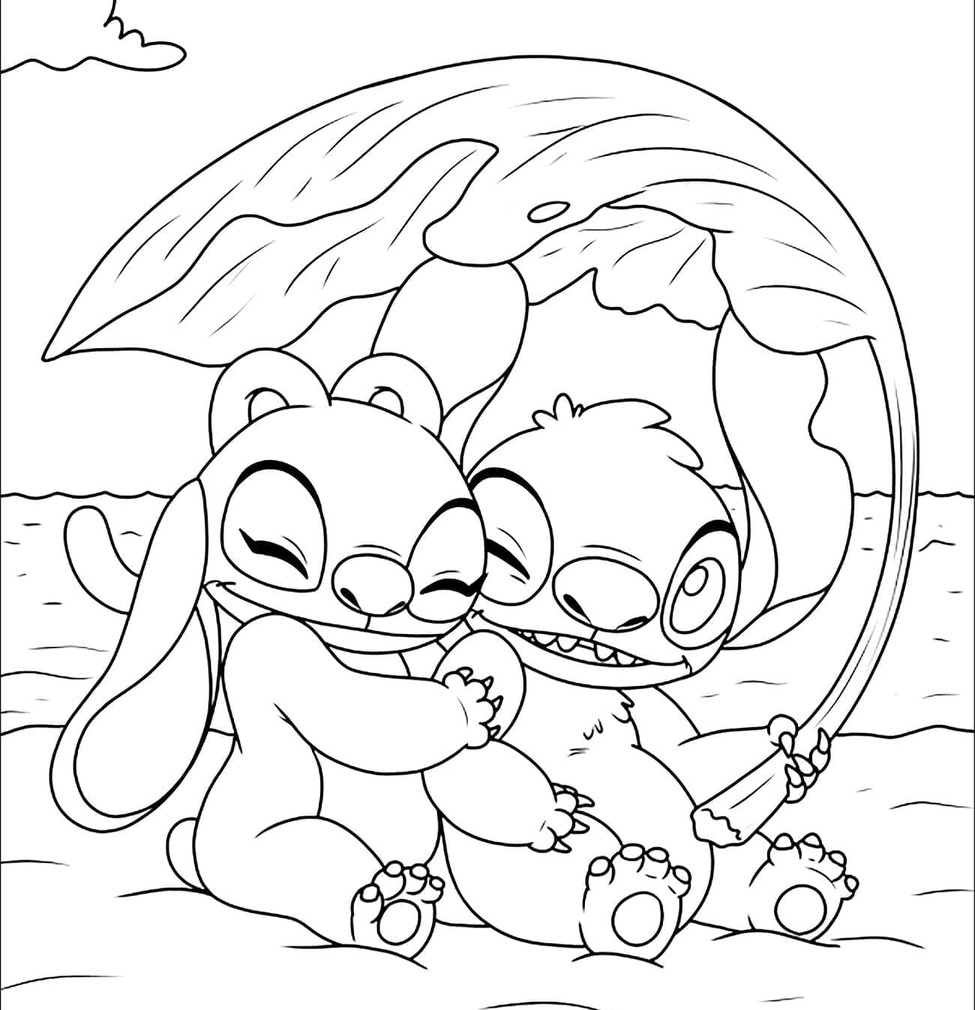 Çizmek Stitch ve Angel basit Boyama Sayfası