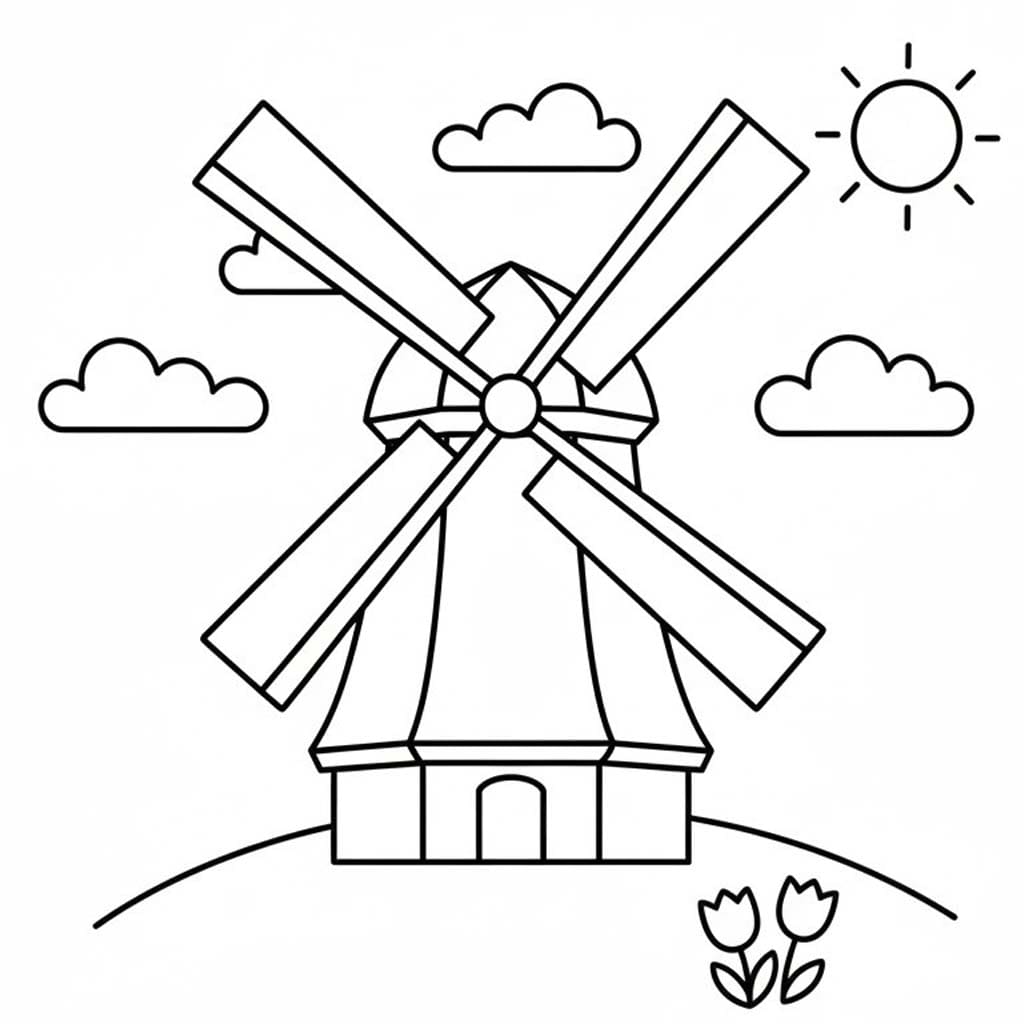 Çizmek Yel Değirmeni çocuklar için temel Boyama Sayfası