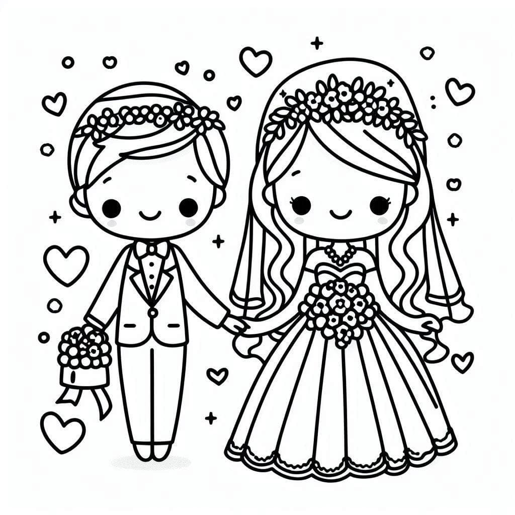 Gelin ve Damat Çocuklar için ücretsiz Boyama Sayfası