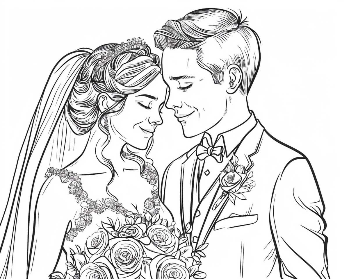 Gelin ve Damat Çocuklar için Boyama Sayfası