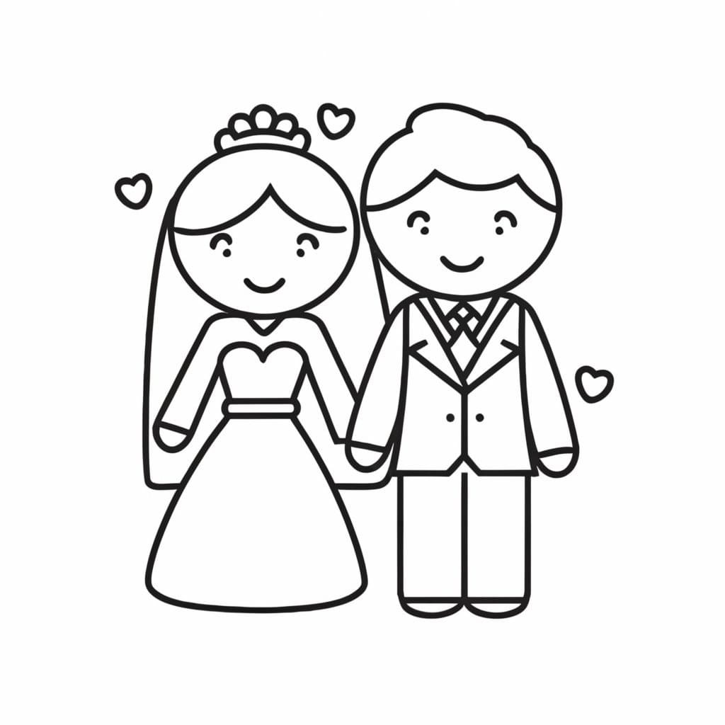 Gelin ve Damat Sevimli Boyama Sayfası