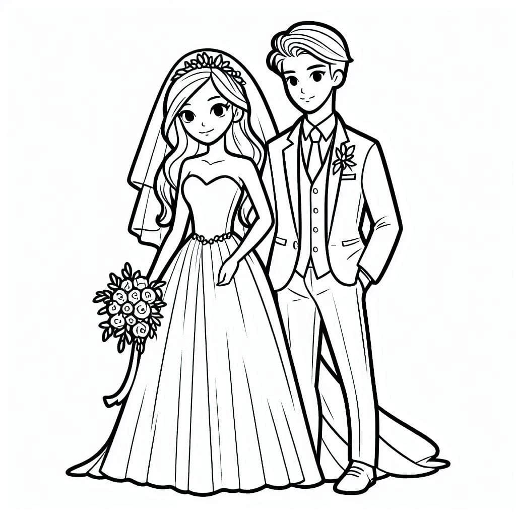 Gelin ve Damat basit Boyama Sayfası