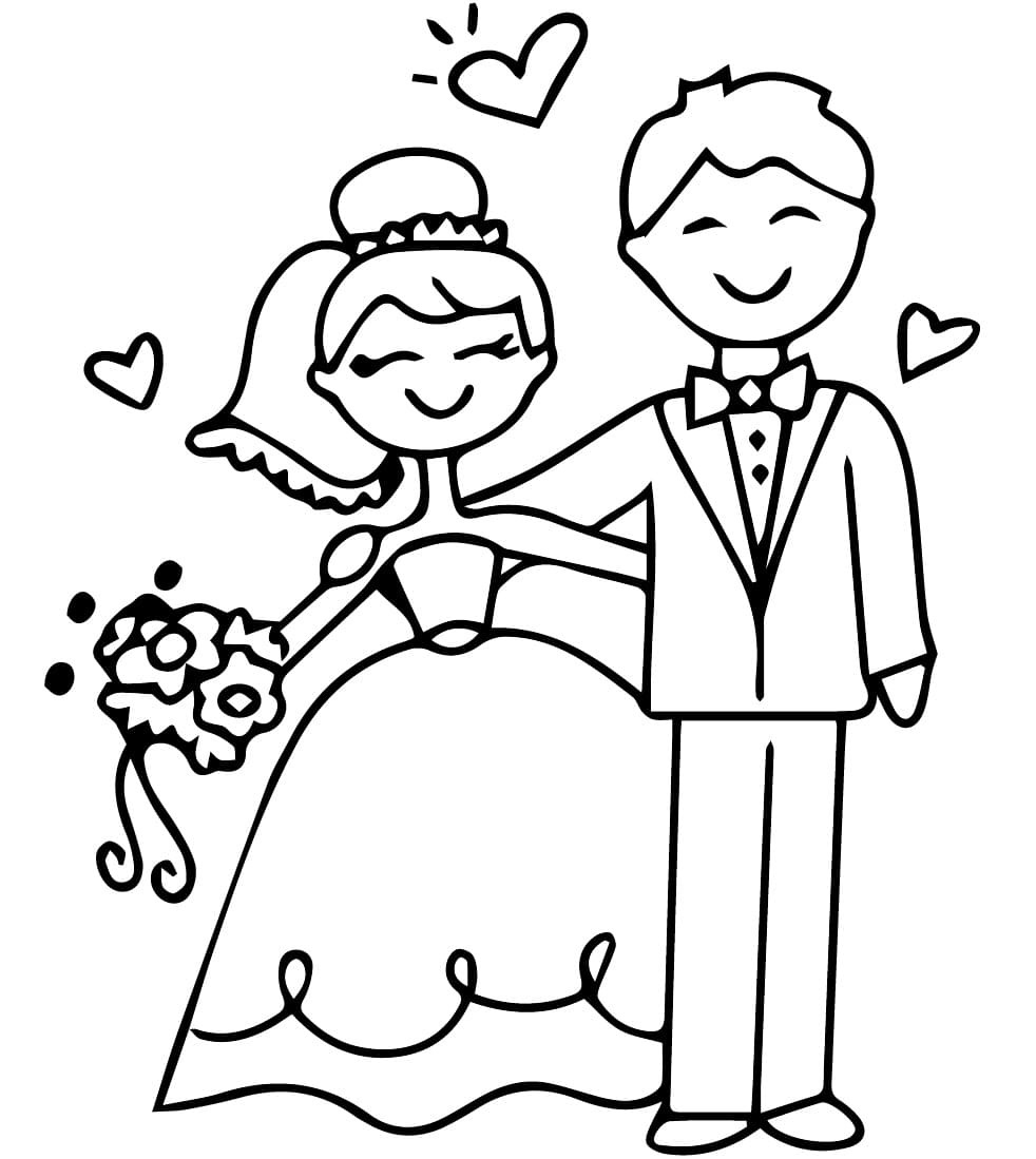 Gelin ve Damat çocuklar için yazdırılabilir Boyama Sayfası
