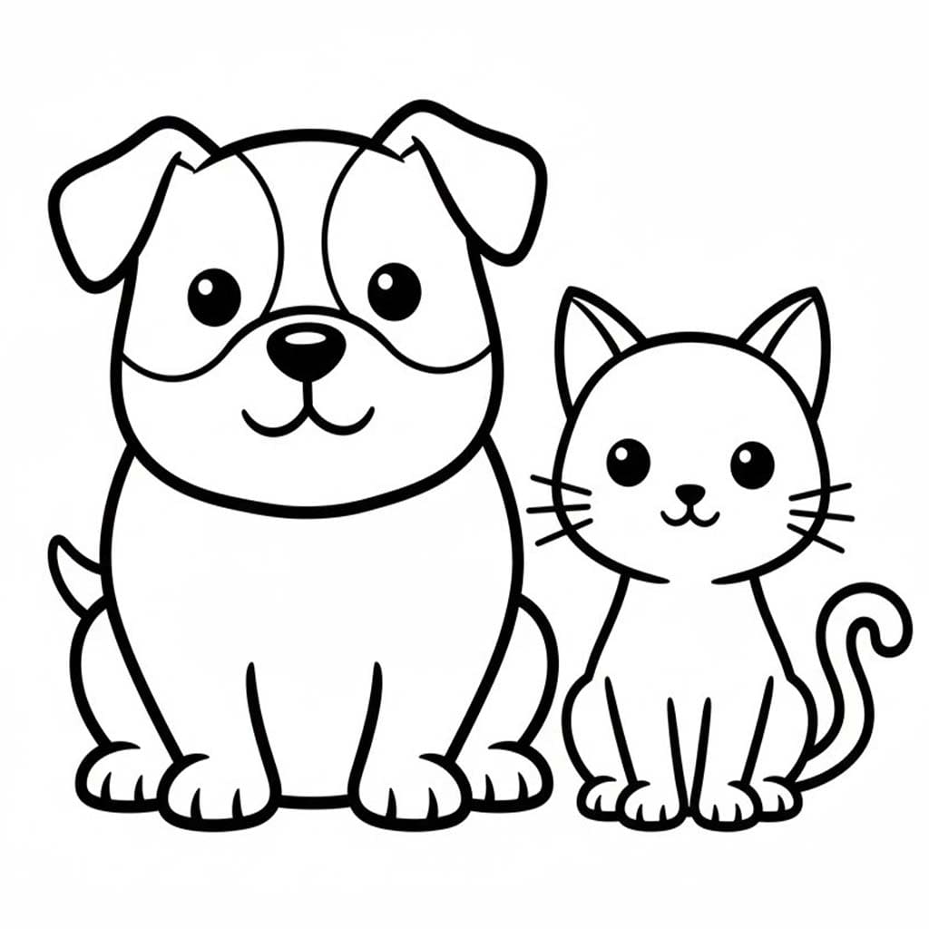 Görüntü Köpek ve Kedi Sevimli Boyama Sayfası