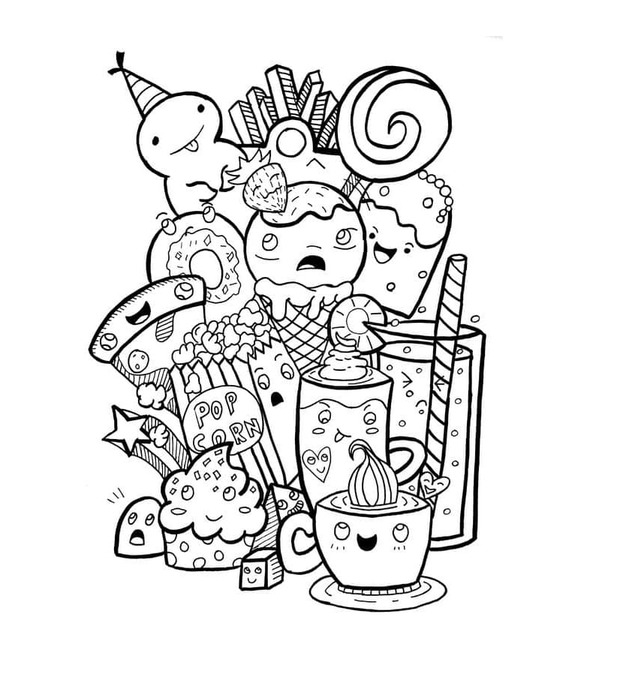 Kawaii Yemek çocuklar için temel Boyama Sayfası