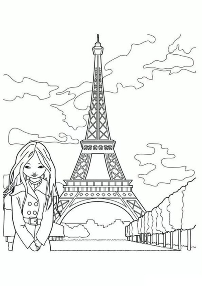 Kız ve Eyfel Kulesi Boyama Sayfası
