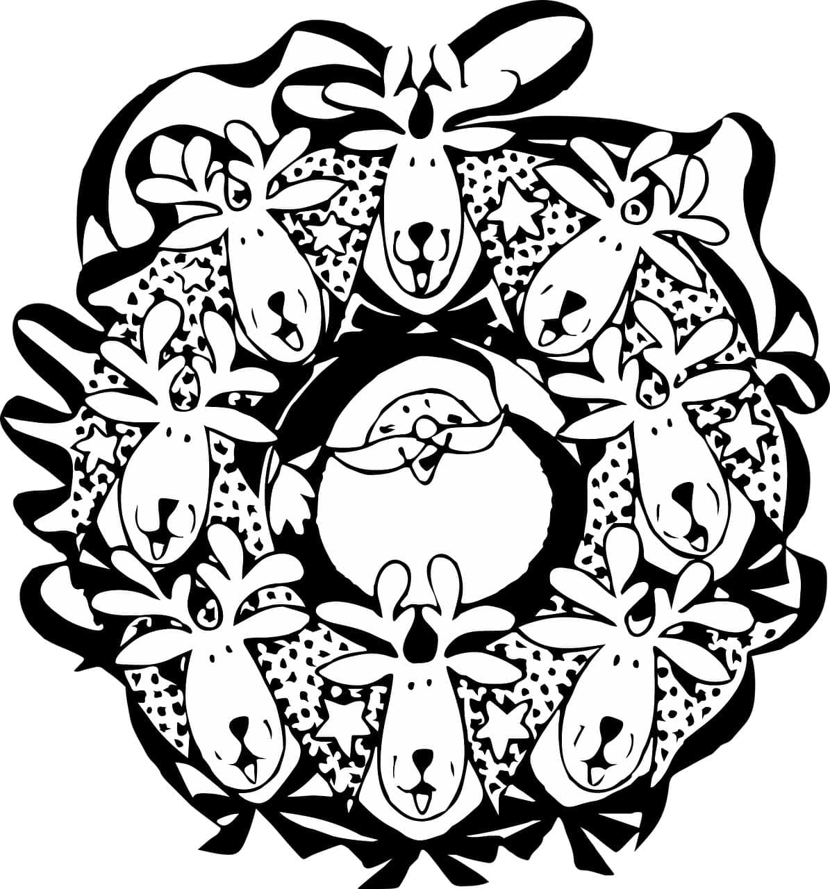 Noel Baba ve Ren Geyiği ile Noel Çelengi Boyama Sayfası