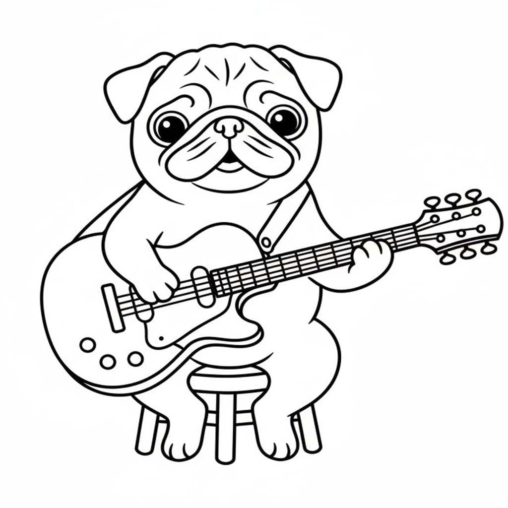 Pug Köpeği gitar çalmak Boyama Sayfası