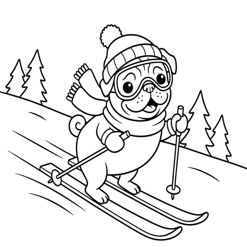 Pug Köpeği kayak yapma Boyama Sayfası