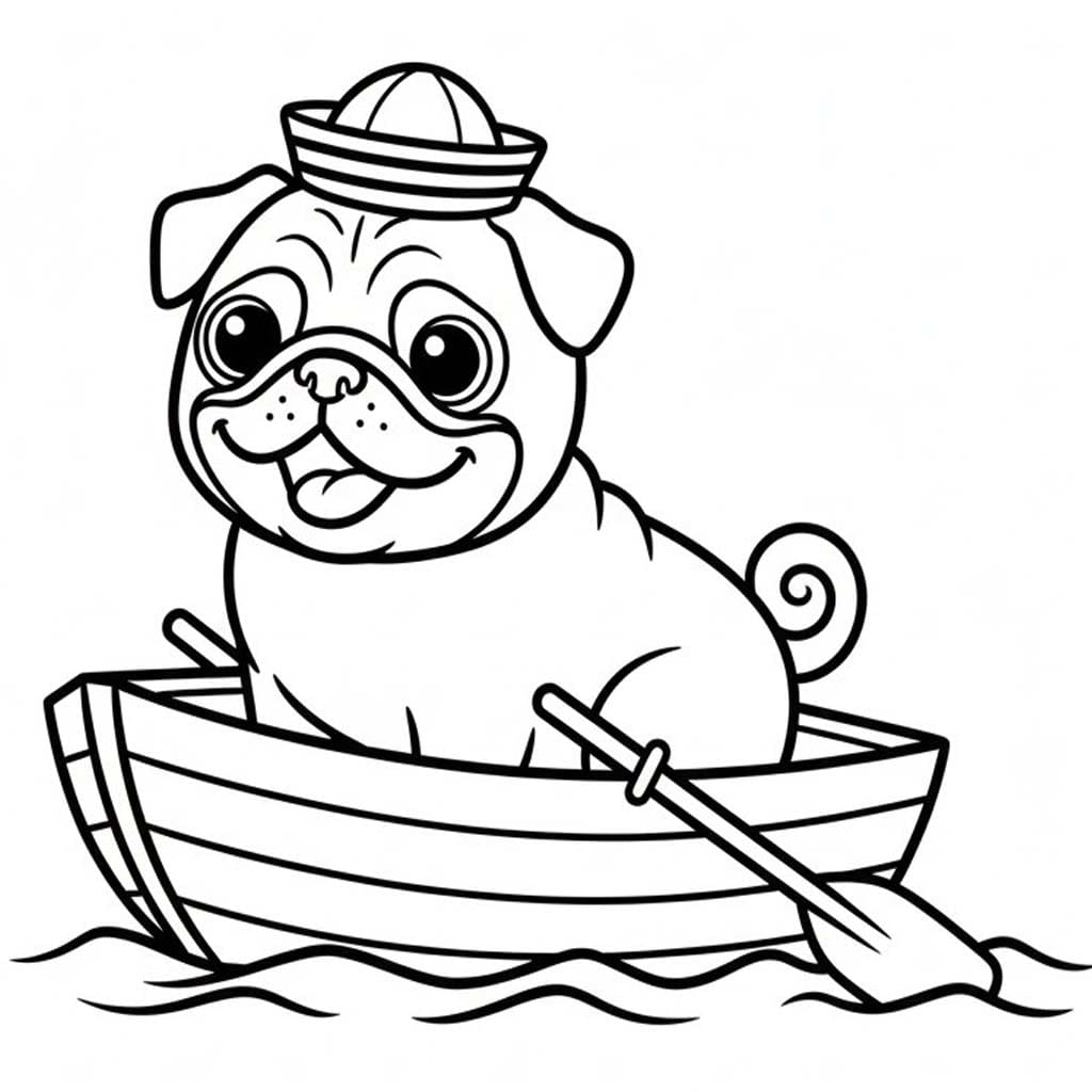 Pug Köpeği tekneye gitmek Boyama Sayfası