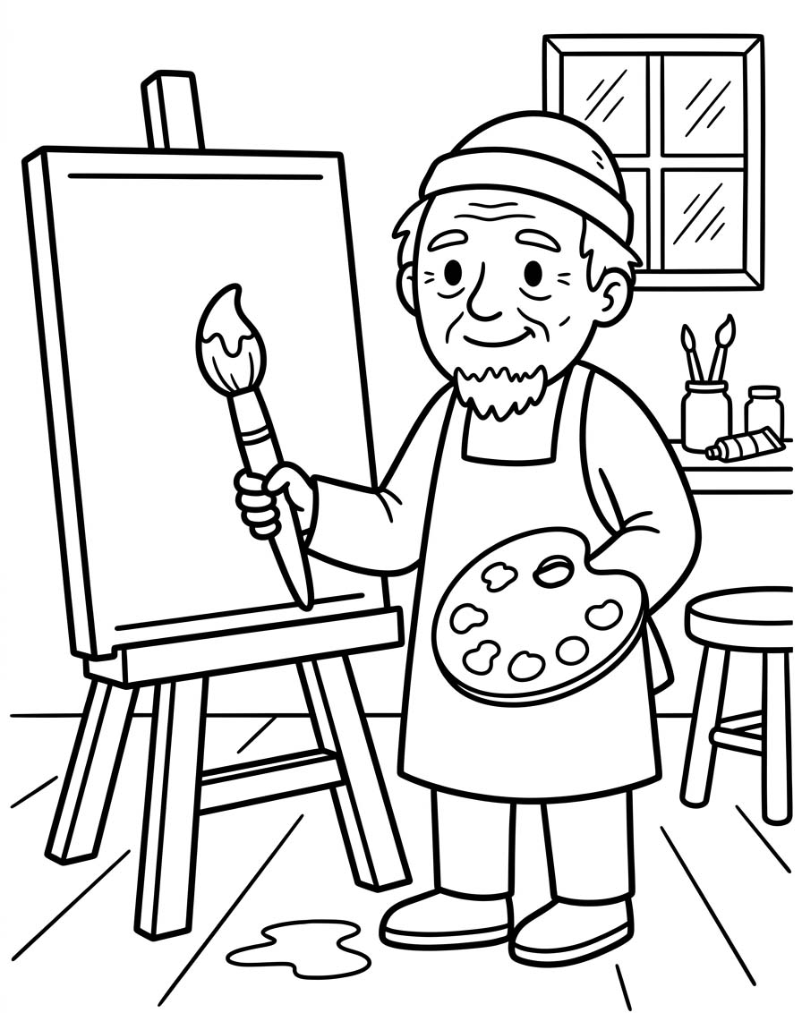Ressam basit Çiz Boyama Sayfası
