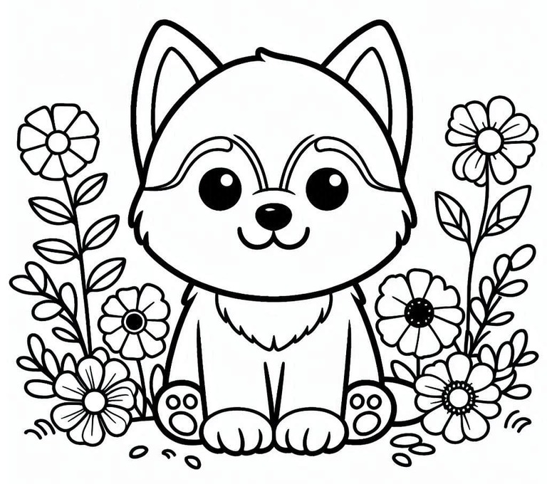 Sibirya kurdu çiçeklerle Boyama Sayfası