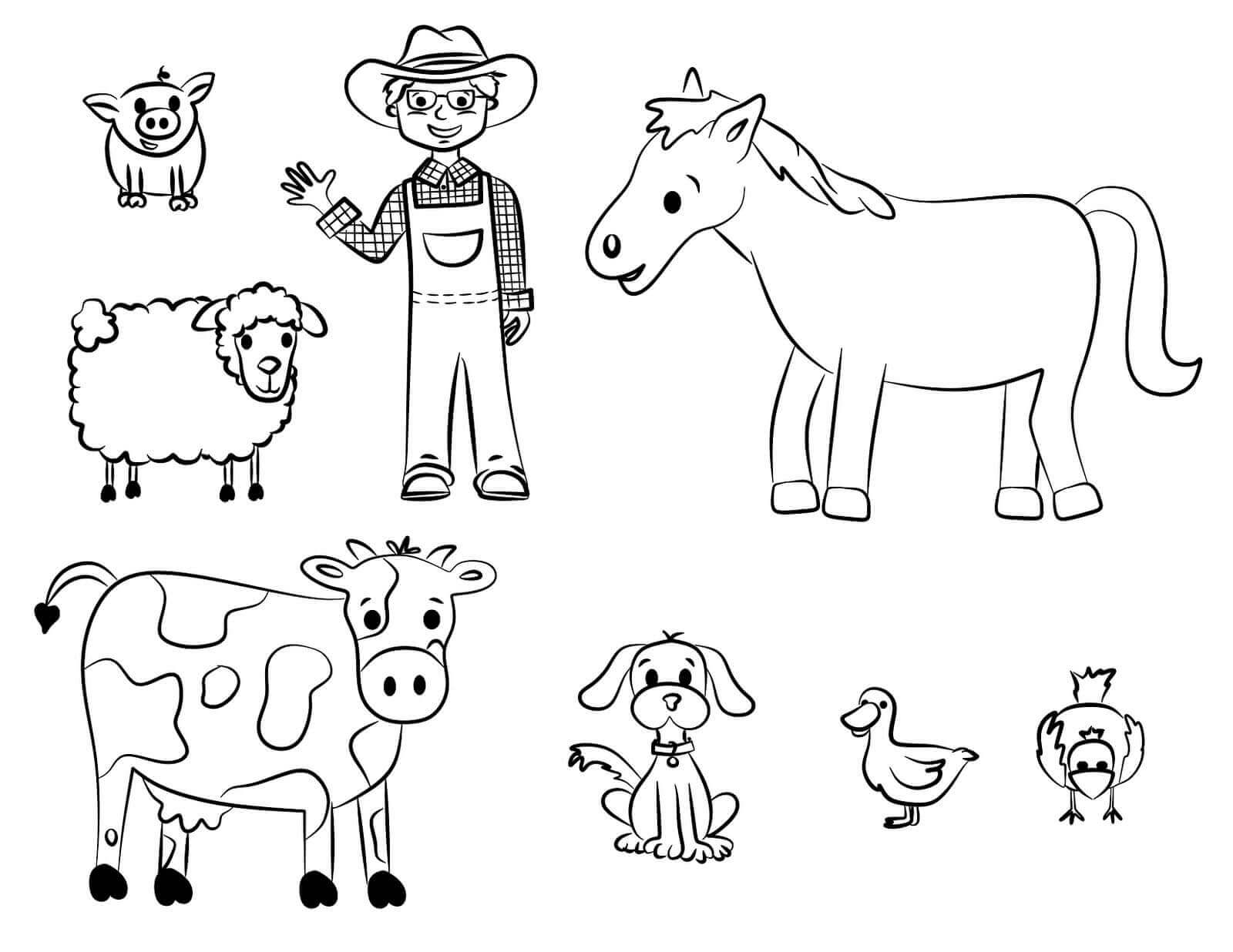 Çiftlikteki Çiftçi ve hayvan boyama sayfası boyama online