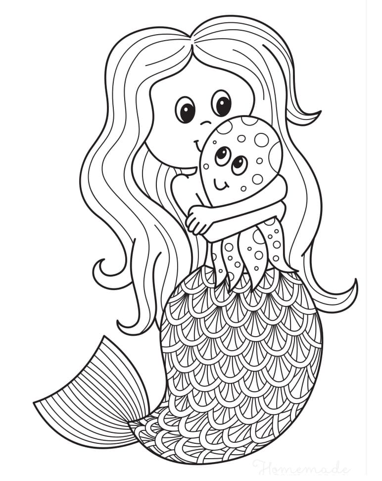 deniz kızı sarılma bebek ahtapot boyama sayfası boyama online
